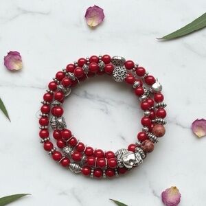 Bold Red Enamel, Fire Agate & Silver 3x Wrap Stretch Bracelet